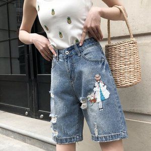 High waist denim shorts women loose